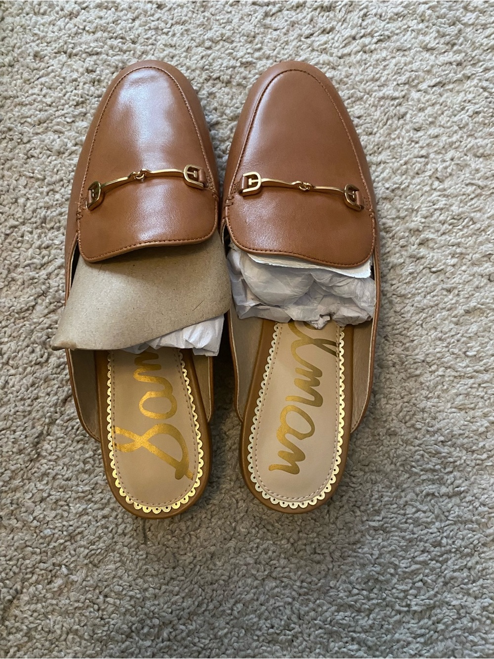 Sam Edelman Cognac Leather Backless Loafers with Gold Bit